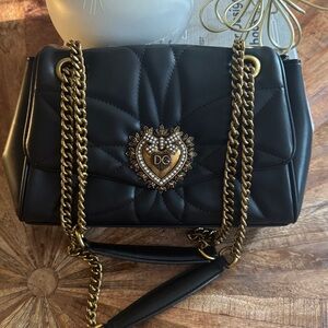 Dolce & Gabbana Black Quilted Shoulder Bag with Gold Heart Emblem